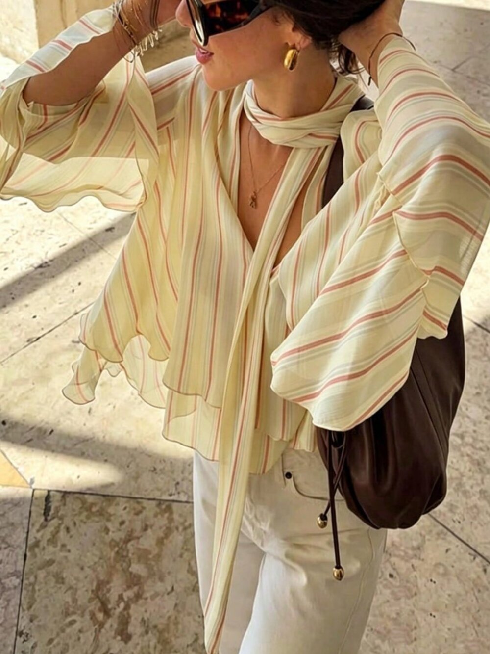 Yellow Casual Women's Rainbow Striped Chiffon Ruffle Frill Trim Blouse